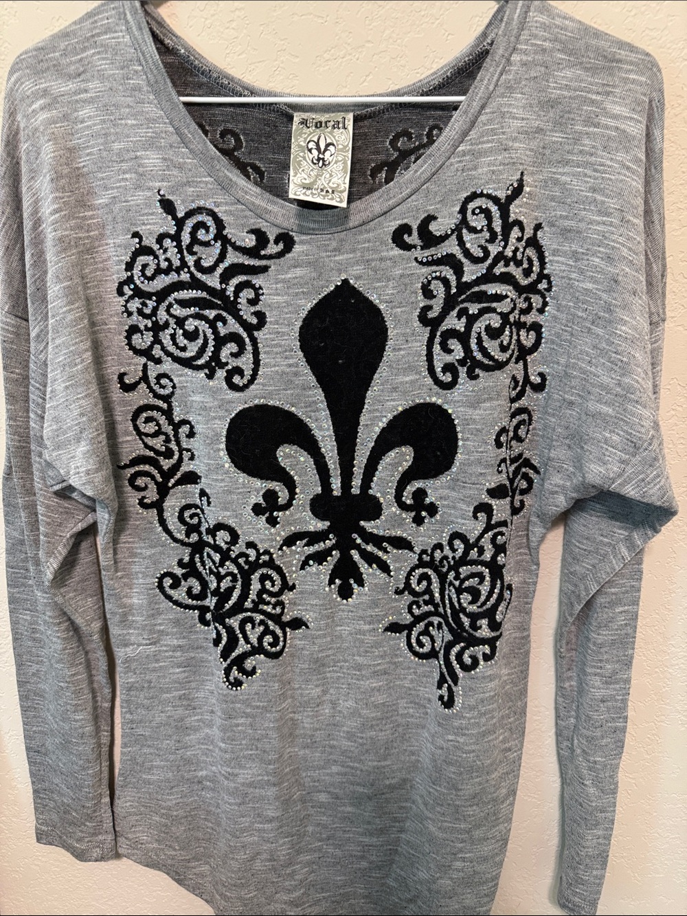 Vocal Gray Long Sleeve Tee with Black Fleur-de-Lis Embellishment